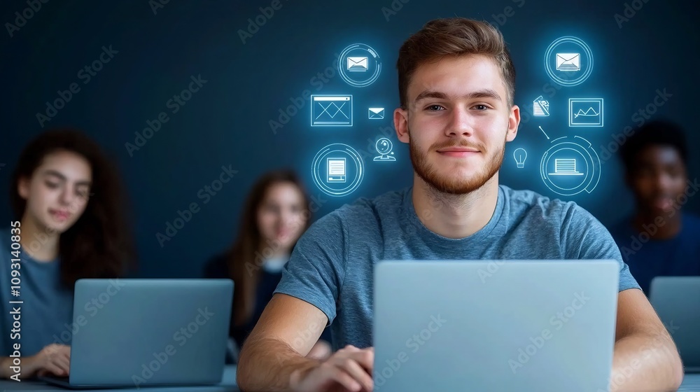 Poster a group of students collaboratively working on laptops in a dark blue professional environment with 