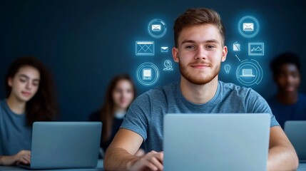 A group of students collaboratively working on laptops in a dark blue professional environment with a glowing digital display of online education and virtual classroom icons