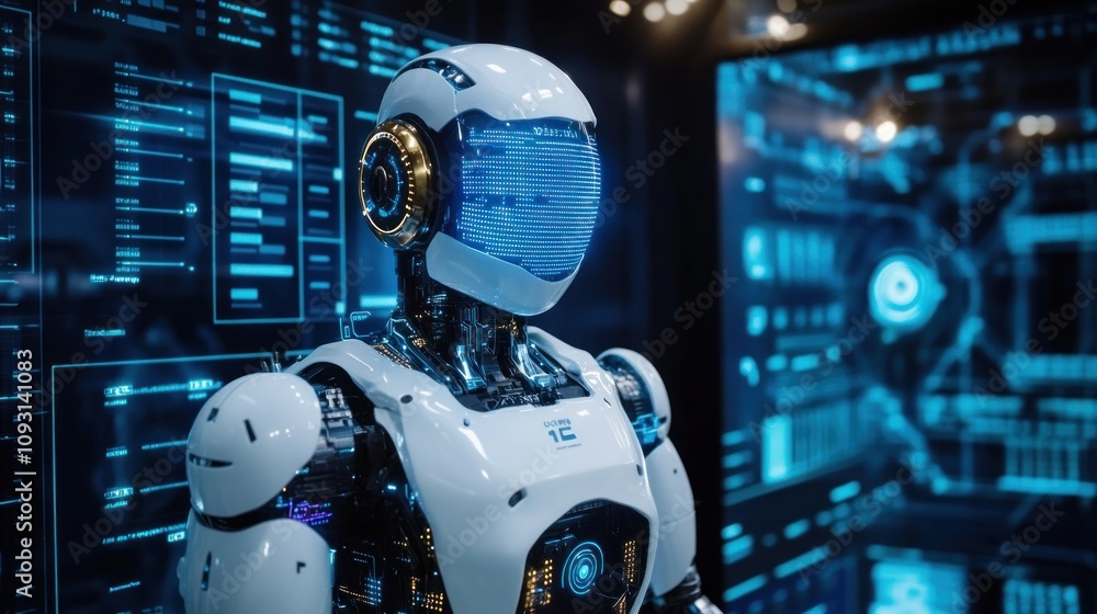 Poster Advanced Robot Interacting With Futuristic Interface Displays