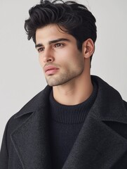 Obraz premium Stylish Male Model with Modern Quiff Hairstyle Showcasing Contemporary Fashion in a Soft Neutral Background Ideal for Men’s Grooming and Fashion Editorials