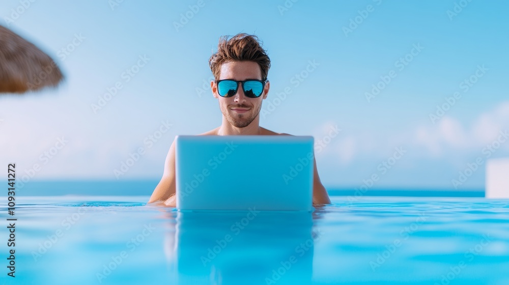 Poster man is sitting in a pool with a laptop on his lap. he is wearing sunglasses and he is enjoying the w