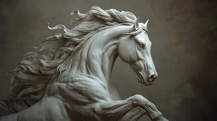 Majestic White Stallion Sculpture: Dynamic Pose, Detailed Musculature, Flowing Mane