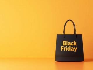 A black shopping bag with "Black Friday" printed in bold yellow letters against a bright orange background.