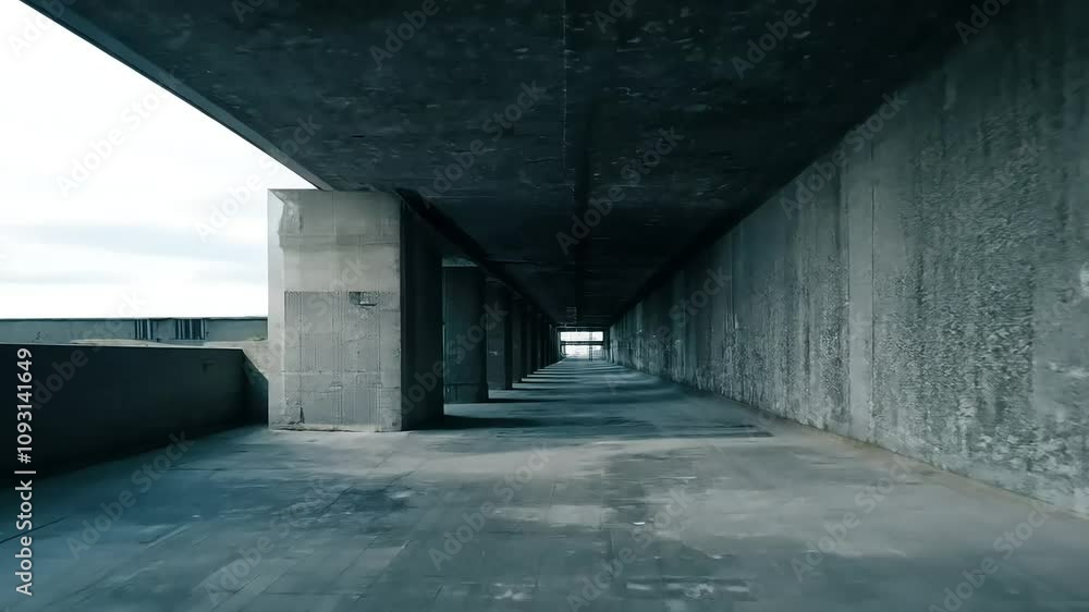 Poster concrete corridor with columns and light changing during day. minimalist architecture with a vanishi
