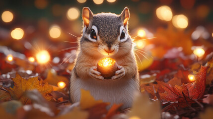 cute chipmunk holding glowing acorn surrounded by autumn leaves and warm lights, creating magical and cozy atmosphere