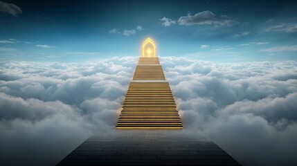 Massive golden stairways leading up to glowing celestial gates floating in the clouds representing a divine and spiritual pathway to heavenly realms and the entrance to eternal peace and tranquility