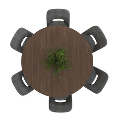 3d render top view of a wooden round table and six chairs isolated 