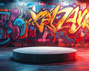 Vibrant Urban Graffiti Backdrop with Concrete Podium for Edgy Fashion and Product Display