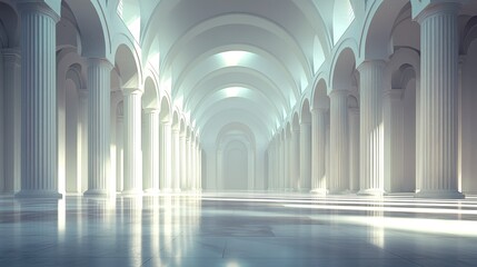 Majestic architectural space serene interior hall digital art bright environment wide angle view concept of tranquility and elegance