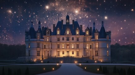 Majestic Historic Castle Illuminated Under Starry Night Sky with Sparkling Stars and Enchanting Landscape, Perfect for Fantasy and Fairytale Themes