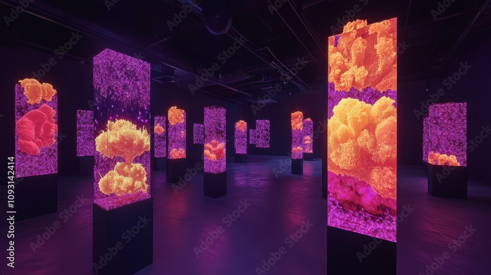 Poster colorful coral structures in digital art installation creating a mesmerizing underwater scene with b