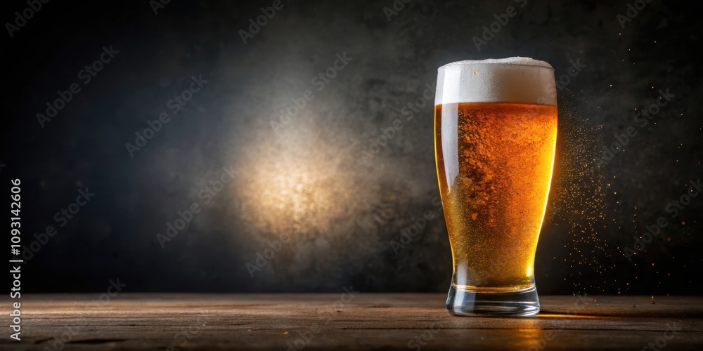 Aufkleber a single glass of beer with a foamy head, set against a rustic, dark background, with a splash of be
