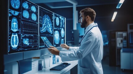 A doctor analyzes medical images on multiple screens in a darkened lab.