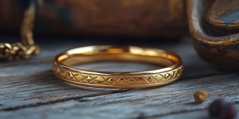 A gold ring with intricate geometric carvings elegantly rests on a textured wooden table, surrounded by subtle decorative elements in a warm, rustic setting