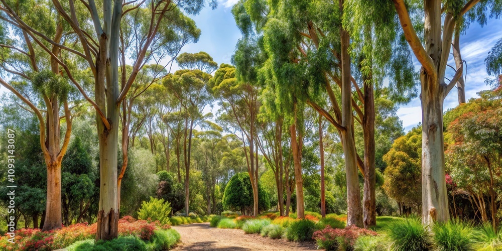 Poster a sunlit path winds through a grove of towering eucalyptus trees, their smooth bark gleaming in the 