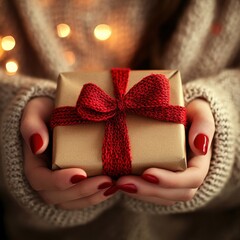 Hands with red-painted nails hold a small wrapped gift box tied with a red knitted ribbon. The cozy beige sweater and warm festive lights in the background evoke a joyful holiday spirit.