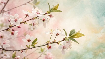 Fototapeta premium pastel watercolor background with scattered floral stems and leaves in soft focus, subtle hues, flower motifs, natural elements, watercolor background