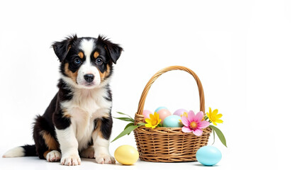 Border collie puppy and basket with colorful easter eggs on white background. Easter card, background. Idea for greeting card, veterinariaan advertising, grooming, pets shop, pets store