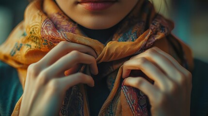 Close-up of a woman's hands adjusting a patterned scarf around her neck