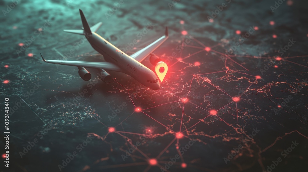 Poster futuristic air travel concept with airplane model and location pin over digital map representing glo