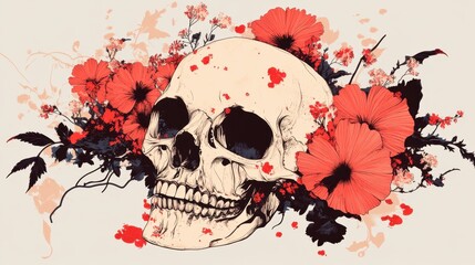 Intricate Floral Skull Design with Vibrant Red Flowers and Dark Accents, Combining Elements of Nature and Mortality in a Unique Artistic Expression