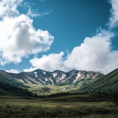 Fototapeta premium Majestic Mountain Range Under a Dramatic Sky With Fluffy Clouds and Lush Green Meadows in a Serene Valley During the Daytime