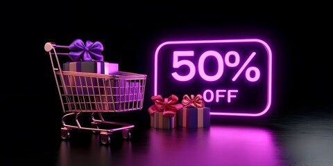 50% off sale! Gifts in shopping cart with neon sign.