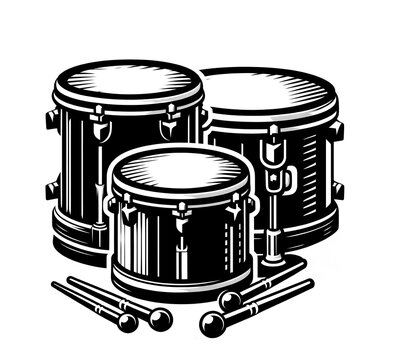 Isolated black and white vector illustration of a drum set with drumsticks on a white background.