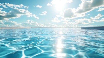 Obraz premium Still water in an empty outdoor pool, reflecting the bright afternoon sun, crisp blue sky, clean poolside tiles, calm and tranquil atmosphere, soft sunlight, detailed photorealism, cinematic quality.