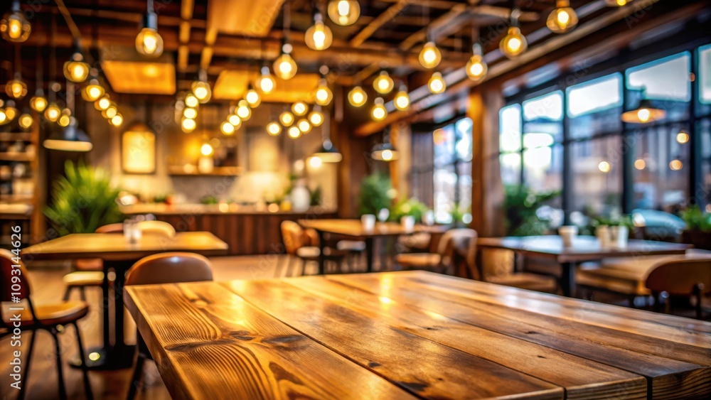 Aufkleber empty wooden table in a cozy cafe with warm lighting and blurred background