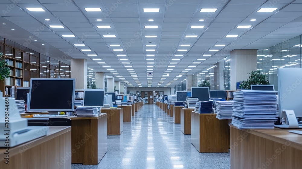Poster spacious and modern office interior with multiple workstations, computer monitors, and neat stacks o