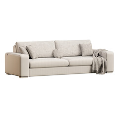 A white couch with pillows and a blanket on it