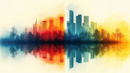 Fototapeta premium Abstract urban landscape featuring a gradient cityscape split into warm tones on the left and cool tones on the right, with trees and a reflective water surface