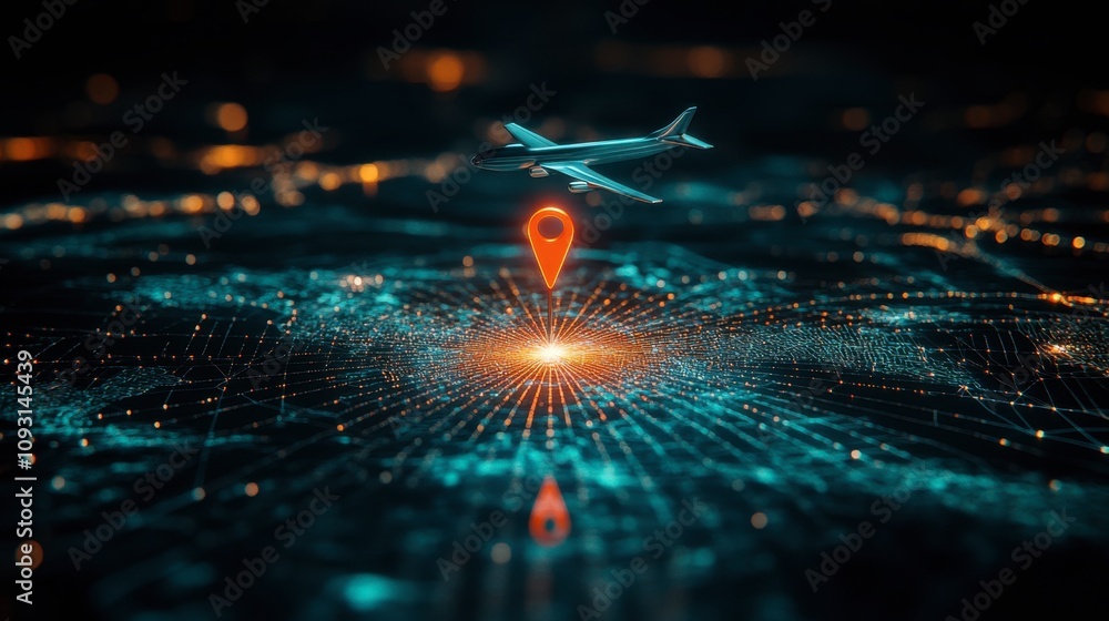 Poster aerial view of a digital world map with airplane and location pin symbolizing travel, navigation, an