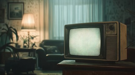 A vintage television set in an old living room, playing static on the screen.