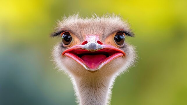 Happy ostrich with its mouth open and beak wide. The bird is looking directly at the camera