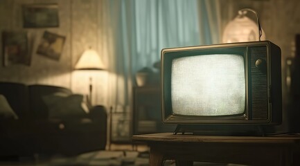 A vintage television set in an old living room, playing static on the screen.