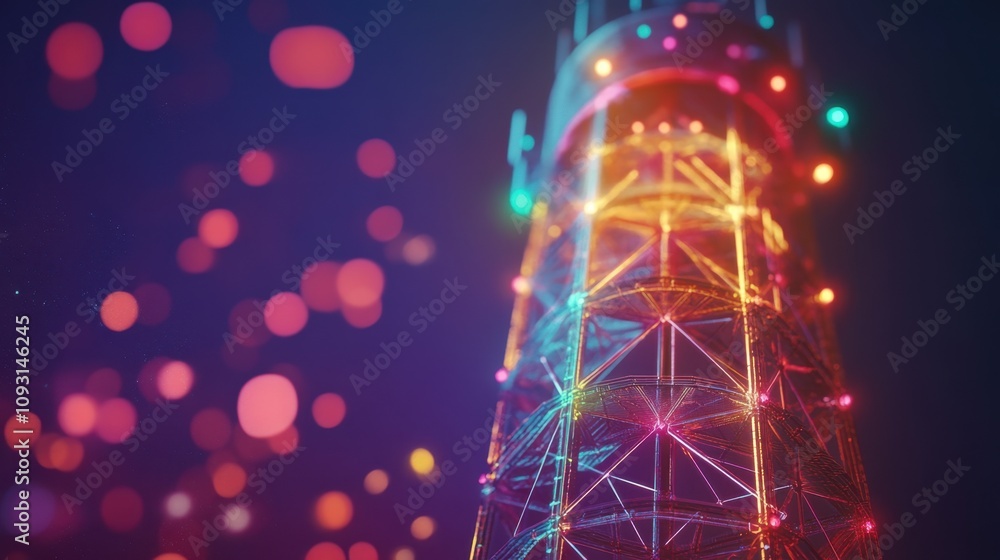 Aufkleber vibrant nighttime tower illuminated with colorful lights against a bokeh background creating a dream