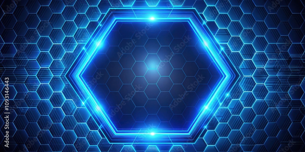 Poster abstract digital hexagon background with glowing blue lines and a hexagonal frame