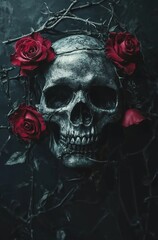 A dark, gothic skull with roses, a goth aesthetic wallpape