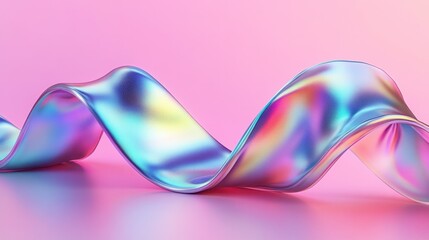 Wavy iridescent ribbon flowing in a dynamic 3D render, featuring bold holographic gradients and sleek textures