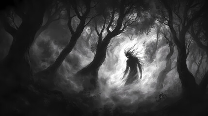 Scary black trees in a shadowy forest, with an ethereal pagan spirit emerging from the dense, swirling fog. Shadowy Forest Spirits. Illustration