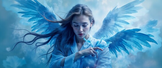 Fototapeta premium Creative female portrait. Female face and butterfly wings in blue tones.