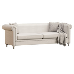 A white couch with a gray blanket draped over it