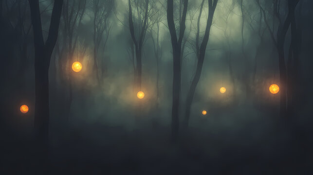 Mystical, shadowy forest with glowing orbs floating in the fog, [mysterious background , shadowy , mystical], [fantasy mystery], ,. Shadowy Forest Spirits. Illustration