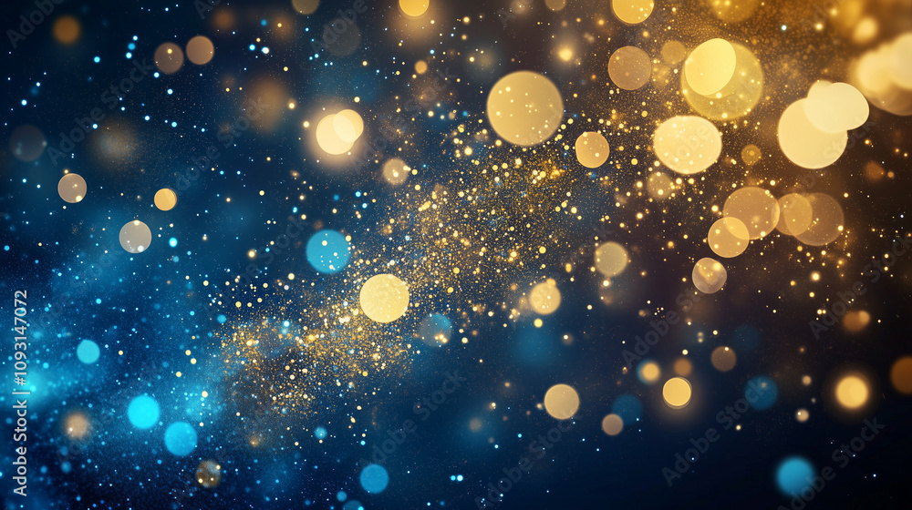 Poster abstract festive background with sparkling blue and gold glitter, bokeh lights, and dark backdrop. p