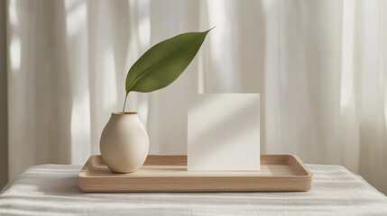 Simple A5 Card Mockup on Wooden Tray with Beige Vase and Leaf
