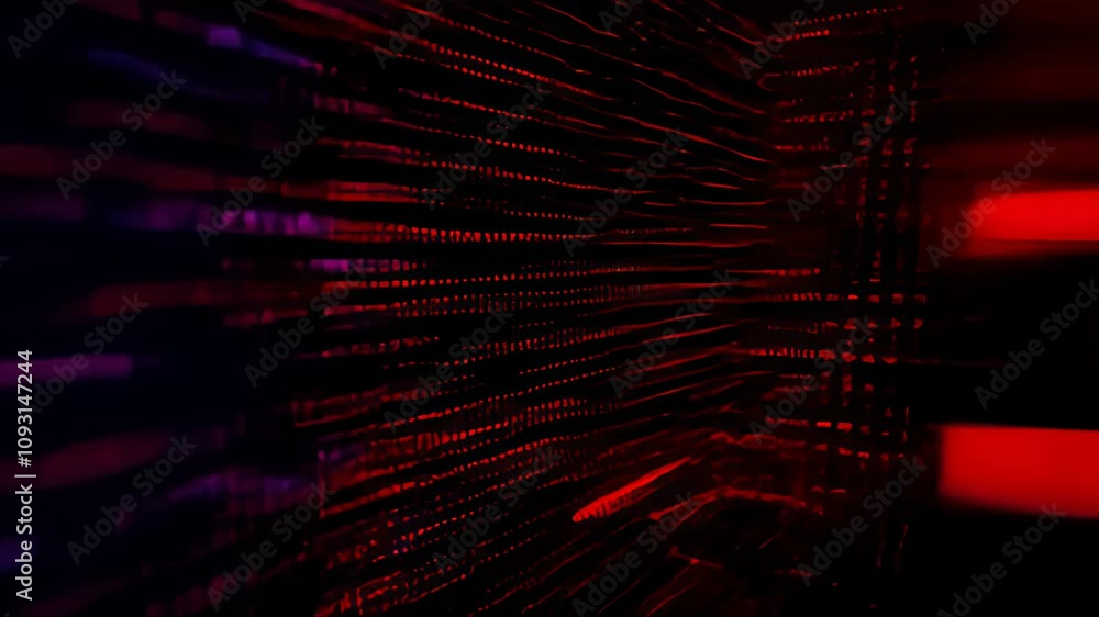 Poster a futuristic digital design showing illuminated red and purple light patterns in a dark background.