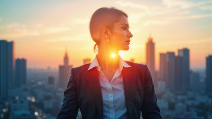 Fototapeta premium Double exposure of businessman against bright city skyline in evening light, double image ghost effect, image combination, double exposure style