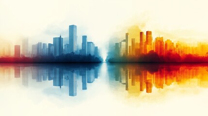 Naklejka premium Symmetrical cityscape with vibrant blue and orange gradient reflections in a modern abstract design